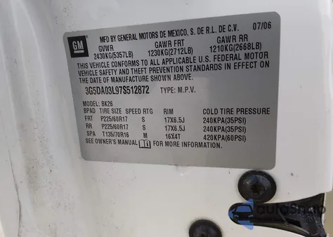 2007 Buick Rendezvous Cx z USA, uszkodzony, nr VIN 3G5DA03L97S512872